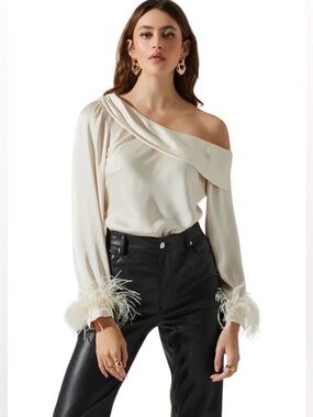 ASTR Dawn Top - Off-Shoulder Feather Cuff Satin Blouse - Cream